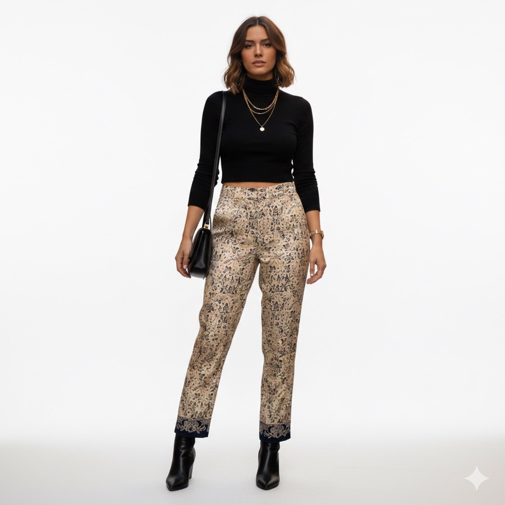 ICE 100% Silk Navy Beige Floral Ankle Pants Size 10 Y2K inspired